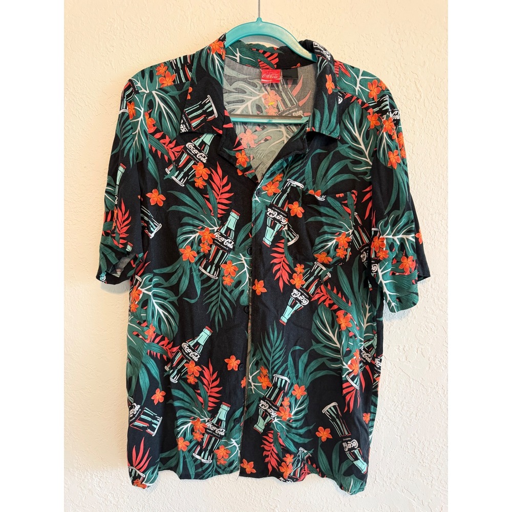 Coca-Cola Mens Tropical Aloha Shirt‎ Black Rayon Floral Soda Bottle Print Medium